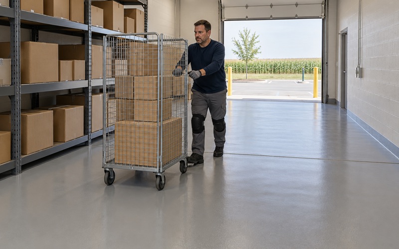 A seamless high-build epoxy floor in the stockroom of a new Ankeny retail building, a cage cart rolled across it.