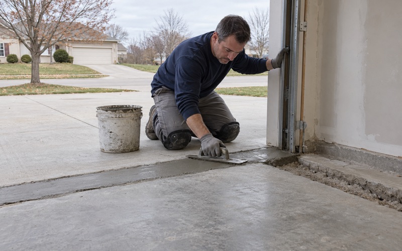 A spalled garage slab edge at the door of an Ankeny home rebuilt with repair mortar before the floor is coated.