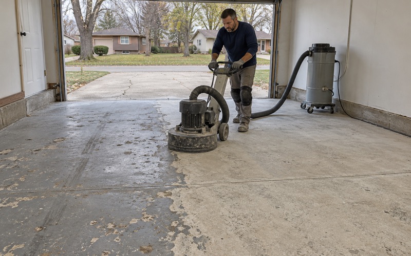 A planetary grinder removing peeling paint from a 1970s Ankeny garage slab, the dust drawn into the extractor.