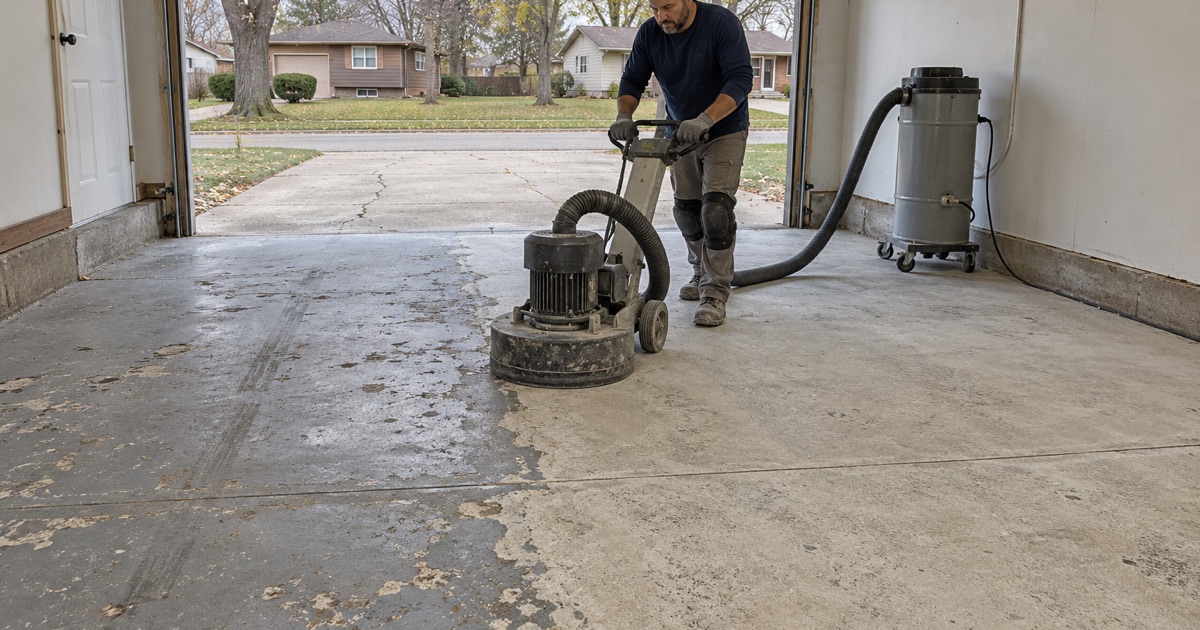 A planetary grinder removing peeling paint from a 1970s Ankeny garage slab, the dust drawn into the extractor.