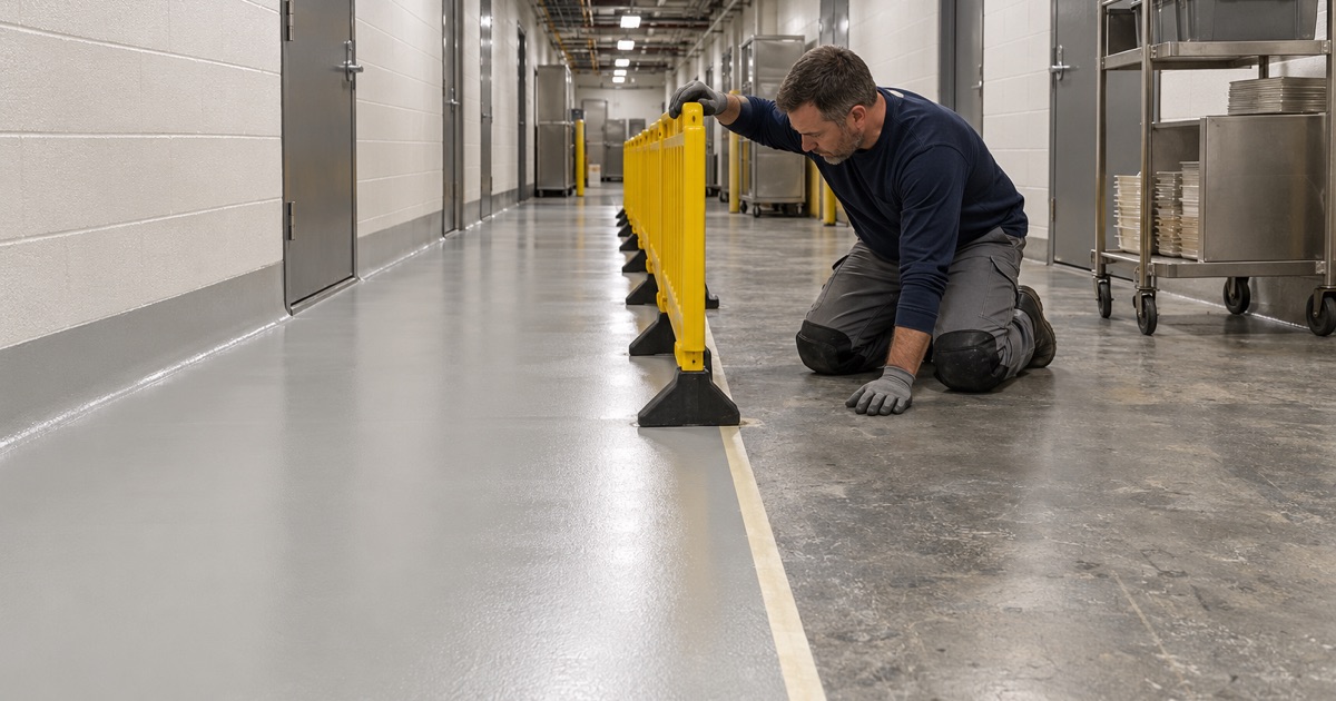 One section of a casino back-of-house service corridor in Altoona coated overnight behind barriers while the rest stays open.