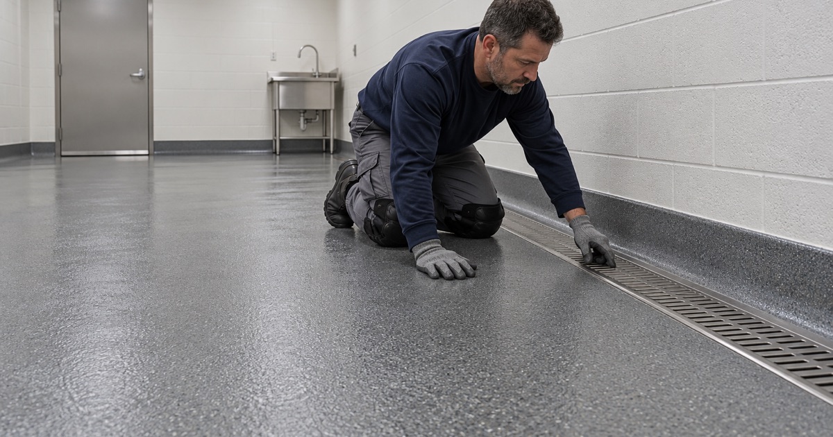 A dark gray quartz floor with an integral cove carried down into a trench drain in an Ames animal research room.