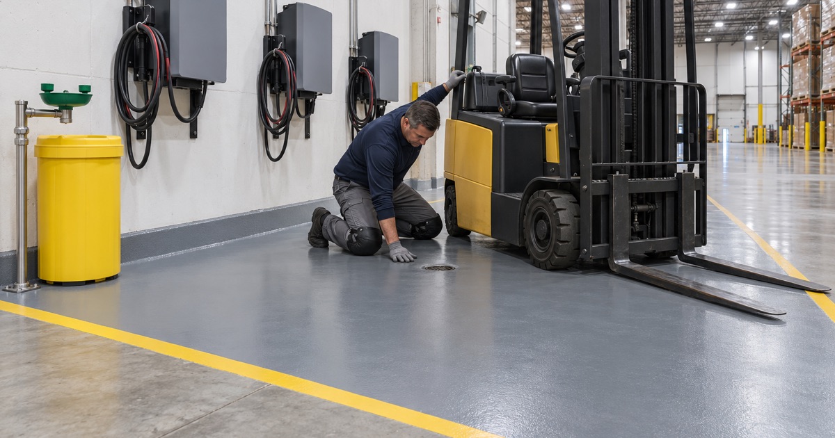 A chemical-resistant coated forklift battery-charging bay in a new Bondurant warehouse, with an eyewash station and spill kit at the edge.