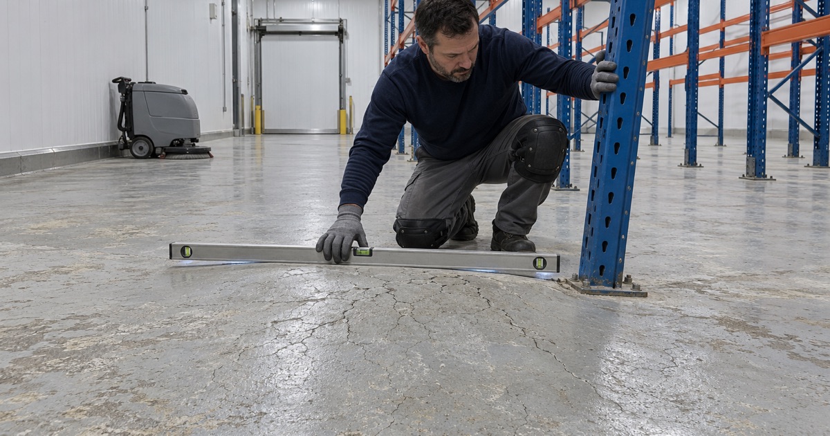 A frost-heaved freezer slab under pallet racking in a Boone distribution warehouse, a long level showing the bulge before resurfacing.