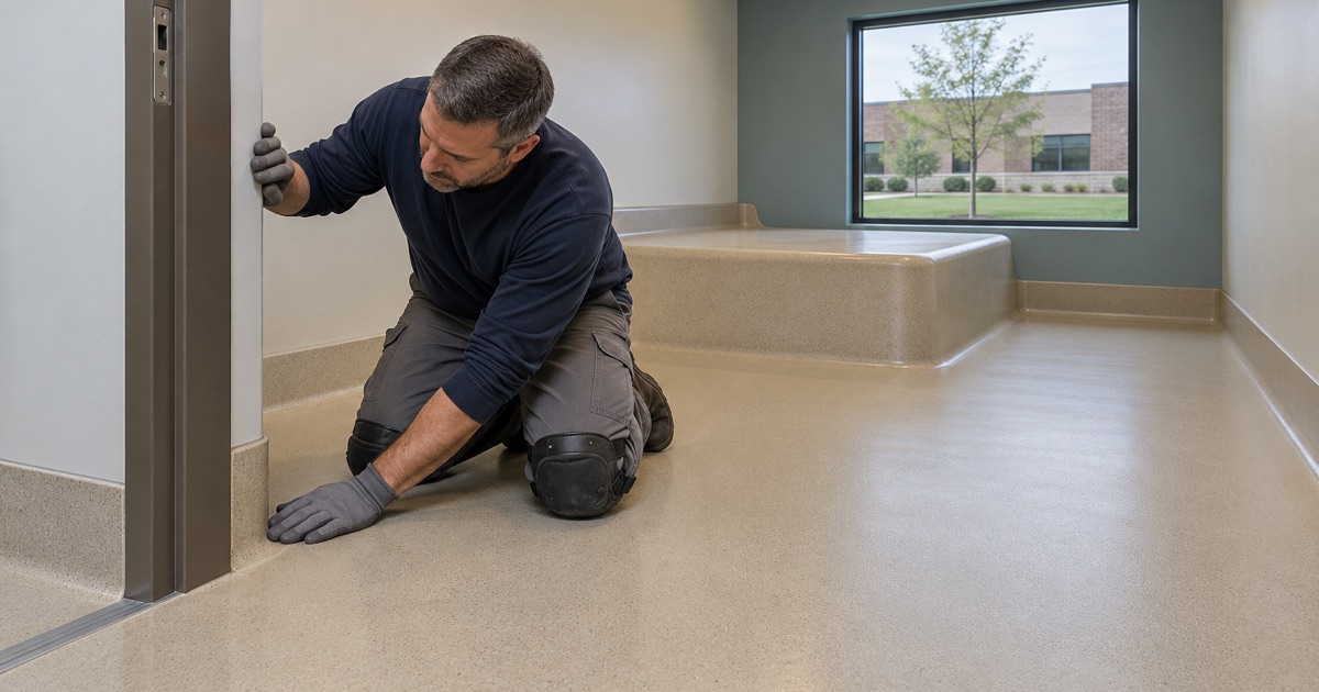 A seamless resinous floor with a tightly adhered integral base in a Clive behavioral health patient room, leaving no edge to pull.