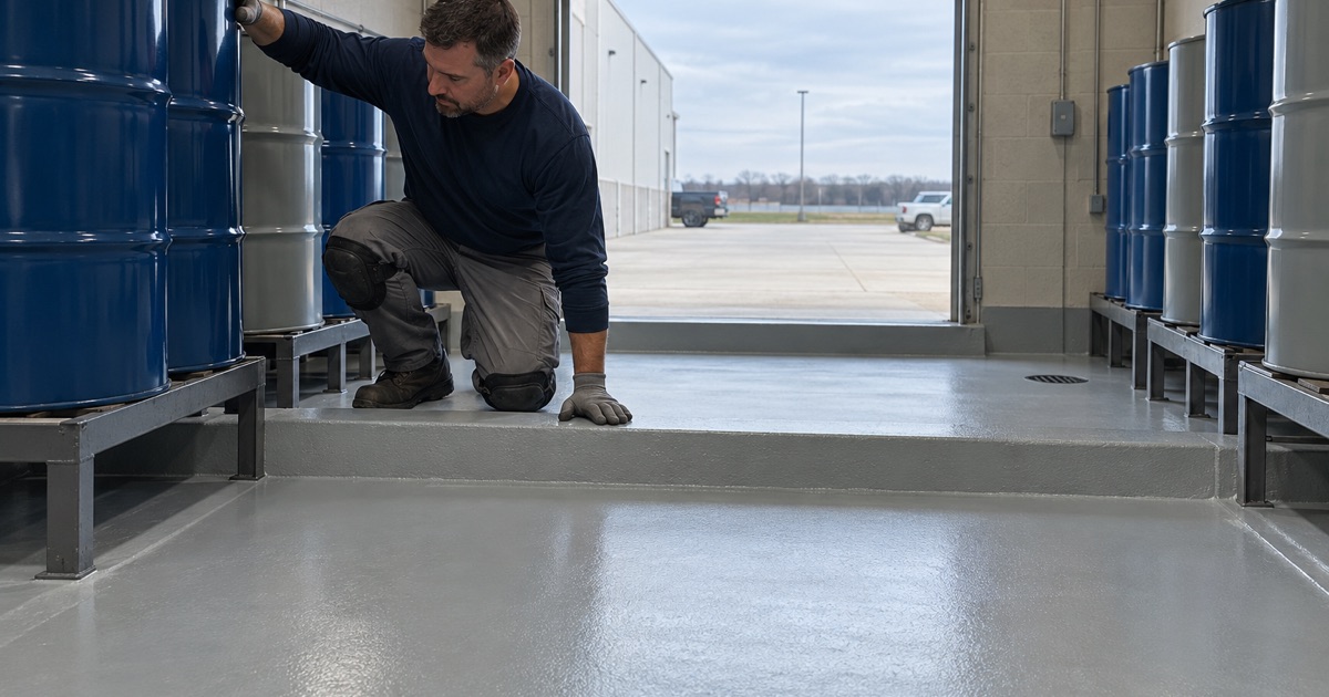 A liquid-tight coated floor with a raised containment sill inside the hazardous materials storage building of a Grimes warehouse.