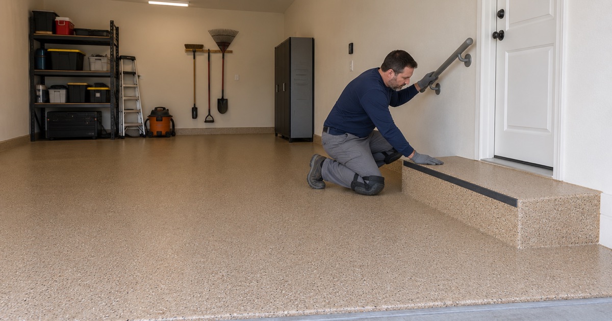 A low-sheen tan floor and a contrasting dark edge band on the step into the house in a Huxley 55-plus townhome garage.