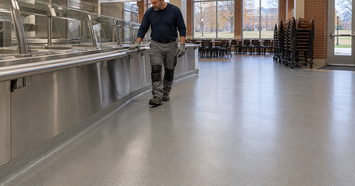 A newly coated serving floor in a closed Indianola college dining hall, checked before the semester’s return.