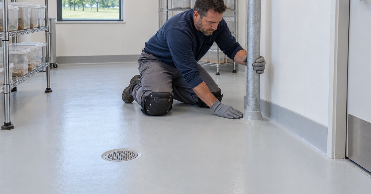 A seamless coated insectary floor in a Johnston research building, every pipe penetration and wall junction sealed.