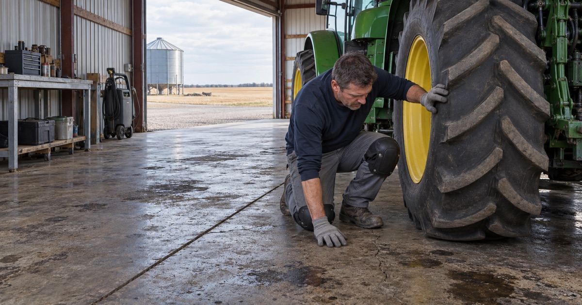 An oil-stained farm machine shed slab near Nevada, read for cracks and joints before it is coated.