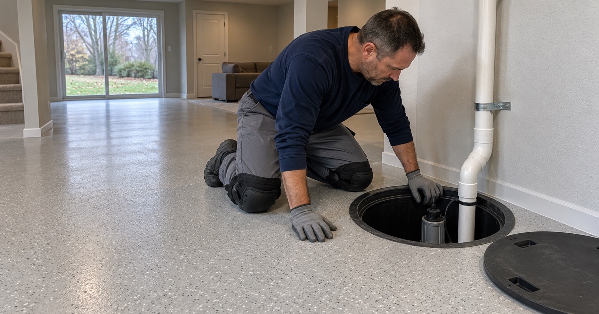 A coated walkout lower-level floor in a Norwalk home, stopped neatly around an open sump pit that stays serviceable.