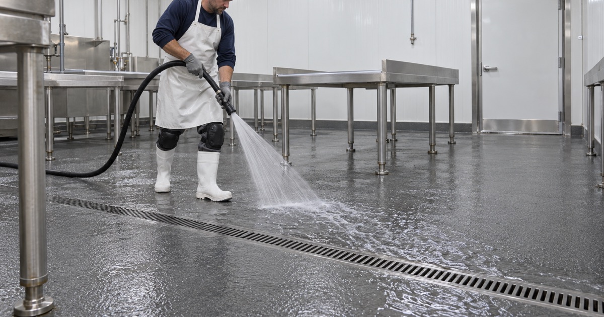 Washdown water running across an impervious coated processing floor to a trench drain in a Perry meat plant.