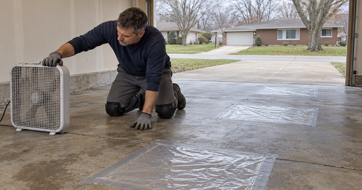 A Pleasant Hill garage slab drying under a fan after floodwater, taped moisture tests in place before any coating
