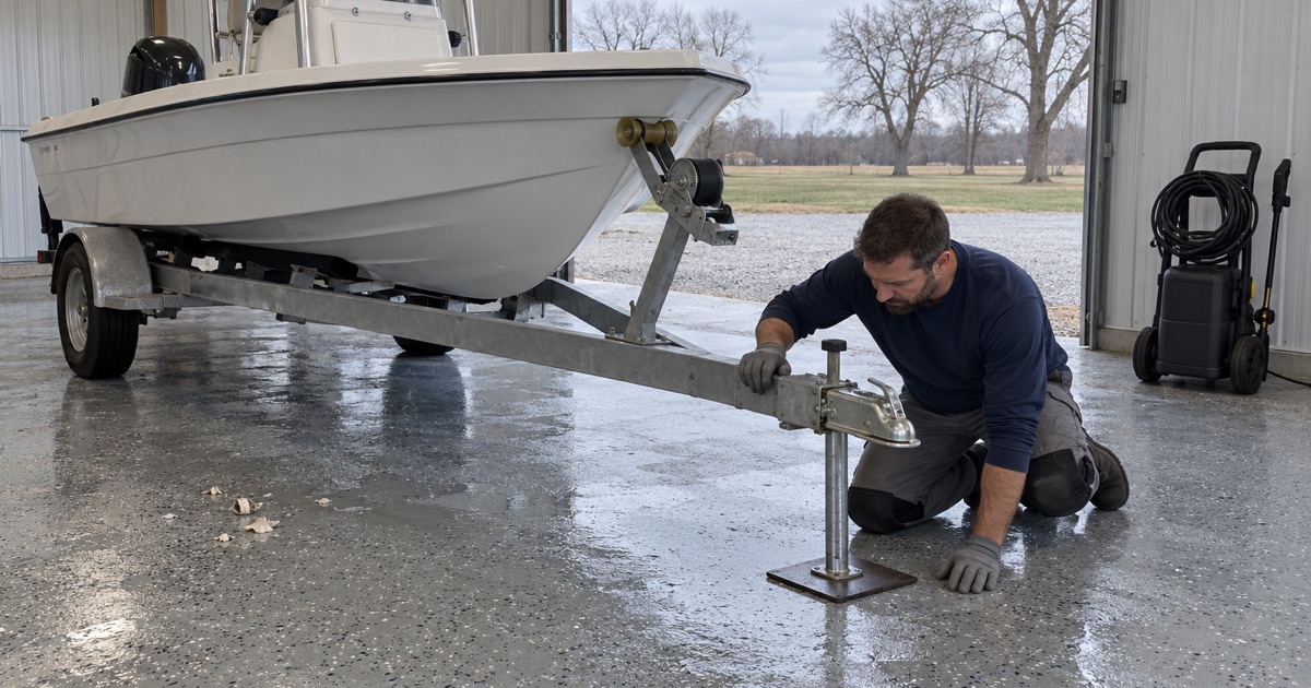 A pressure-washed boat on its trailer and jack stands on the coated floor of a Polk City garage shop, set up for winter storage.