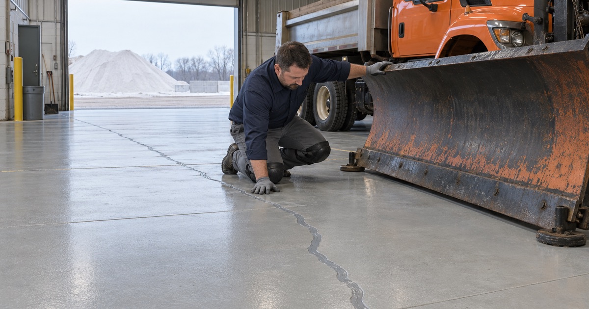 A long crack in a Saylorville public works garage floor cut and sealed as a joint over mapped mine workings, a snowplow parked beside it.