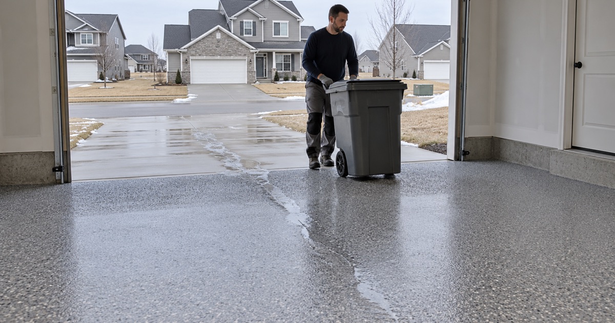 A new Waukee garage floor sloped toward the overhead door, with a textured coated strip where meltwater runs out.