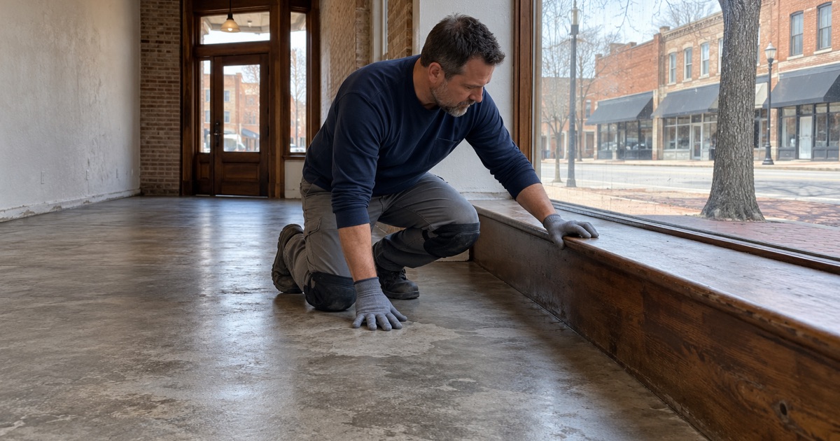 A repaired concrete floor with a monolithic look in a historic Valley Junction storefront in West Des Moines.