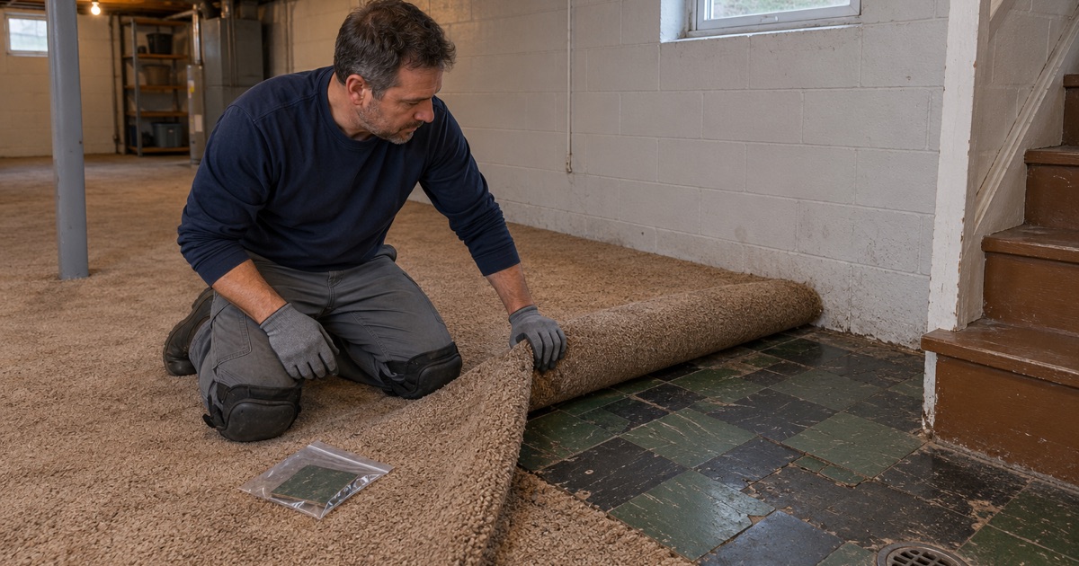 Old 9-inch floor tile and black mastic found under carpet in a 1950s Windsor Heights basement, left untouched until it is tested.