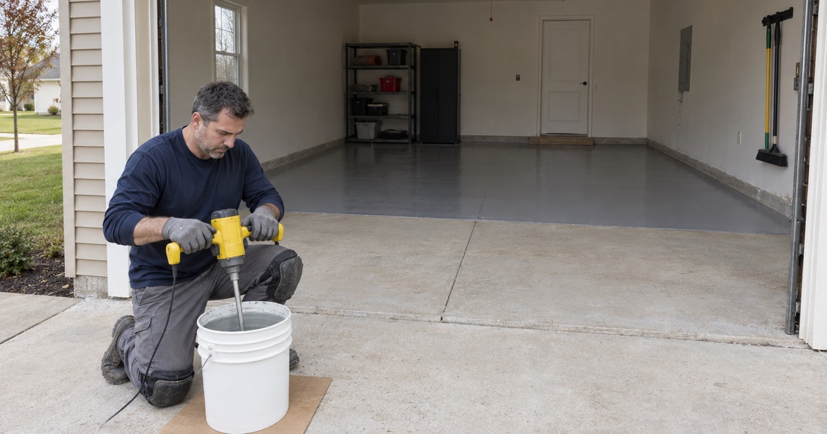 Epoxy being mixed on the driveway apron of an Ankeny garage, the first coat already laid across the ground slab behind.