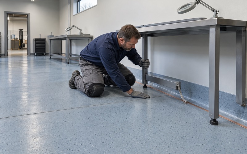 A static-dissipative floor with a copper ground strip under a micro-molding inspection bench in an Ankeny plant.