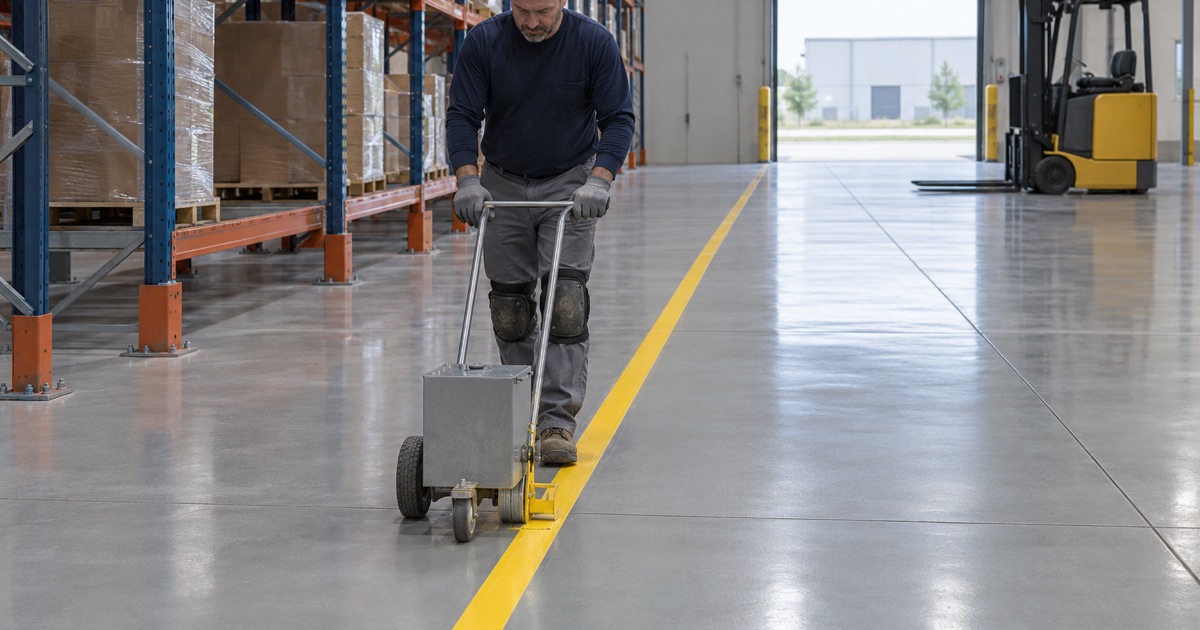 A safety-yellow aisle line being laid on a new heavy-build epoxy floor in an Ankeny distribution warehouse.