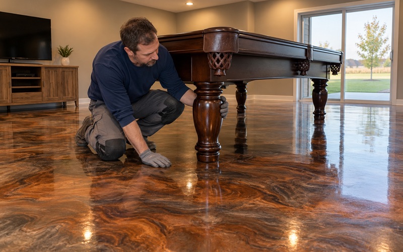 A copper and bronze metallic epoxy floor under a pool table in the walkout lower level of an Ankeny home.