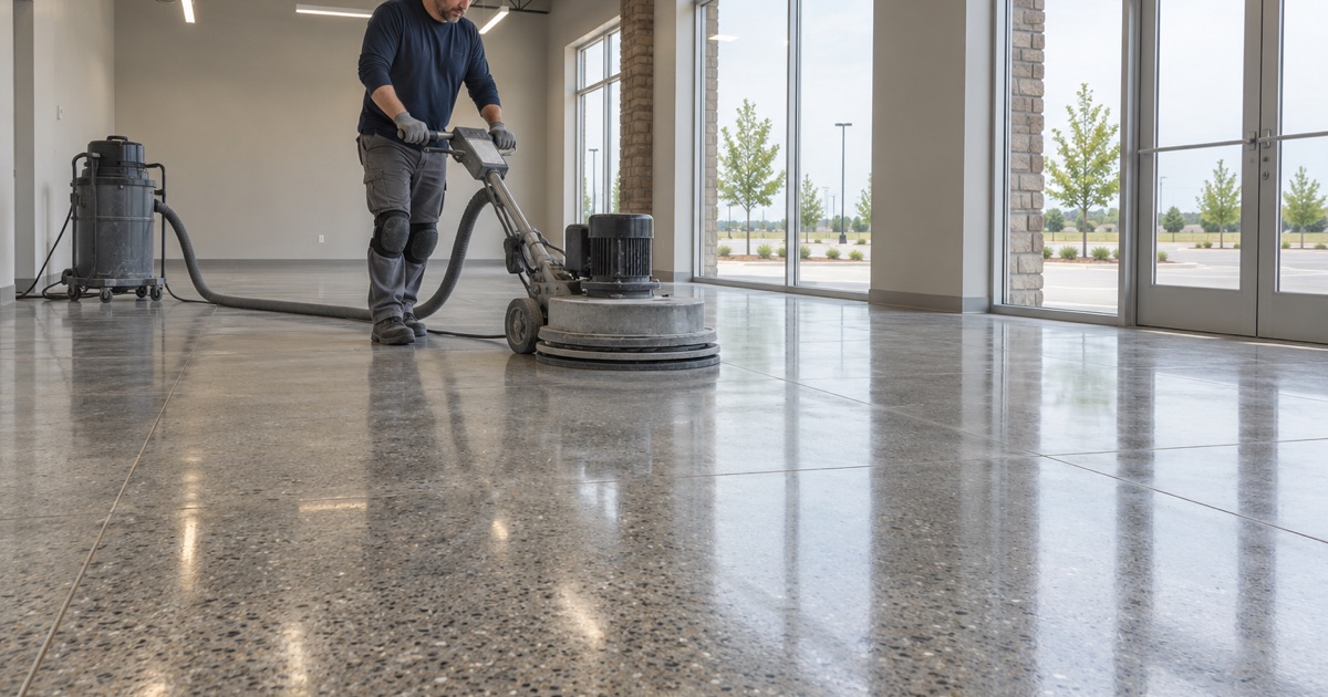 A satin polished concrete floor showing fine aggregate in a new retail space in Ankeny, a walk-behind polisher making its last pass.